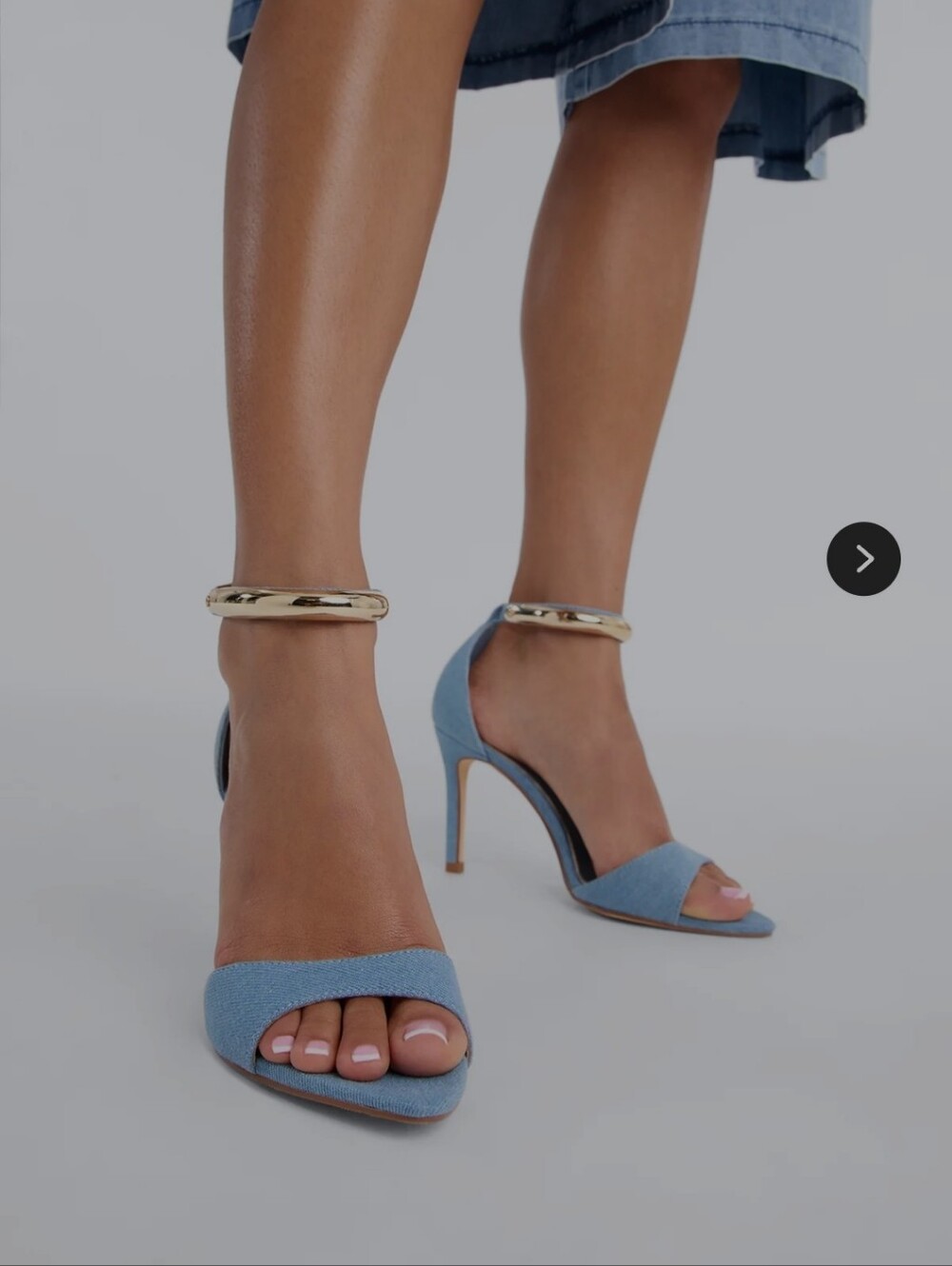 Denim Blue Open-Toe Stiletto Sandals with Gold Ankle Cuff Size 9 EUC
